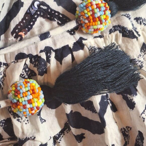 Saks Fifth Avenue Swim Coverup Kaftan Sequins Tassels Ruffle Hem M Cotton Caftan - Picture 6 of 6